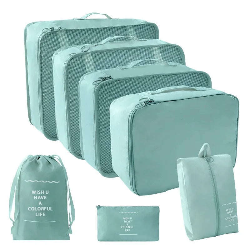 Portable Travel Organizer Storage Bags Set Suitcase Packing Cubes Set Cases Portable Luggage Clothes Shoe Tidy Pouch Folding Bag Qme 7 PCS Lake Blue
