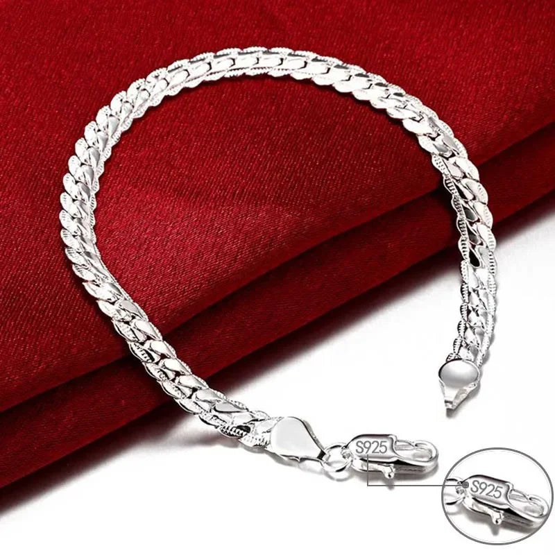 925 Sterling Silver Bracelet 18/19/20cm Flat Side Chain Lobster Clasp Bracelet For Woman Man Party Wedding Jewelry Holiday Gift Qme