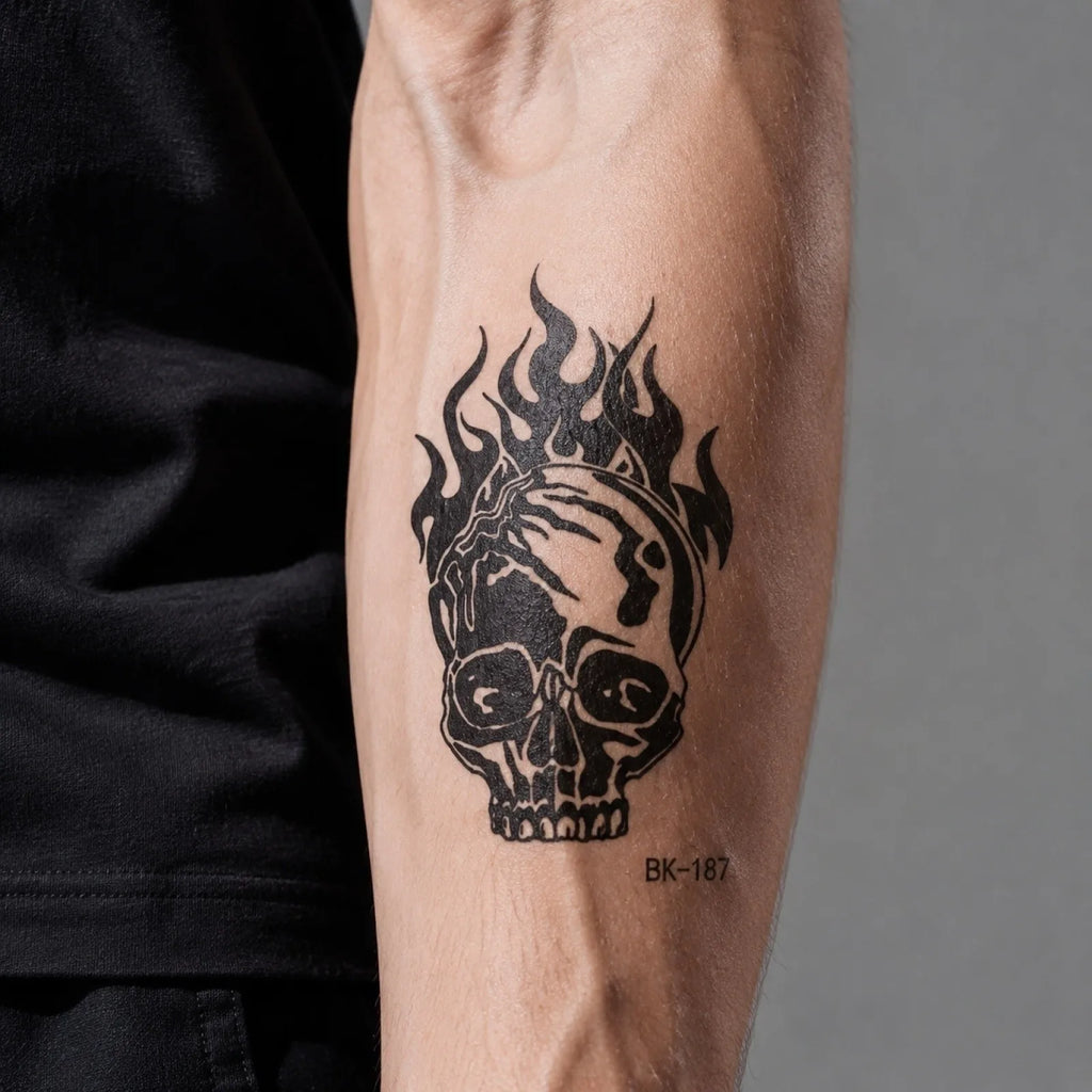 Ghoic Style Temporary Tattoos for Women and Men Sketch Skull Flower Design Body Decals Realistic Halloween Cosplay Fake Stickers Qme