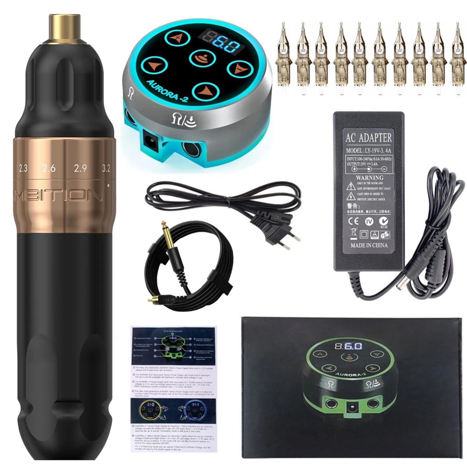 2026 New Sally Permanent Makeup Tattoo Pen Machine Kit Set adjustable PMU Rotary Pen Stroke 2.0-3.5mm AURORA-2 Power Supply Qme Gold Pen Kit SR