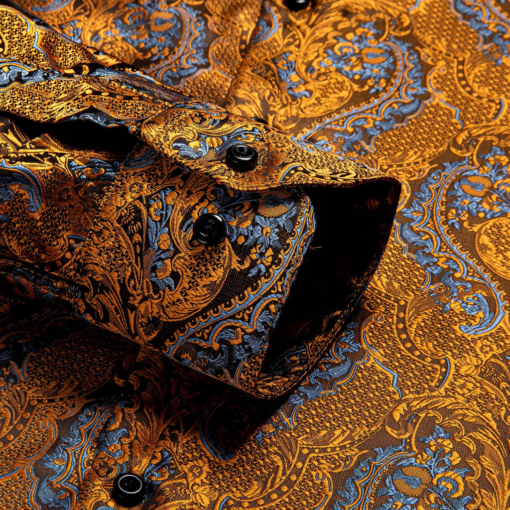 Hi-Tie Fashion Mens Silk Shirts Long Sleeve Gold Blue Paisley Jacquard Lapel Shirt Casual Formal Wedding Business Party Gifts Qme