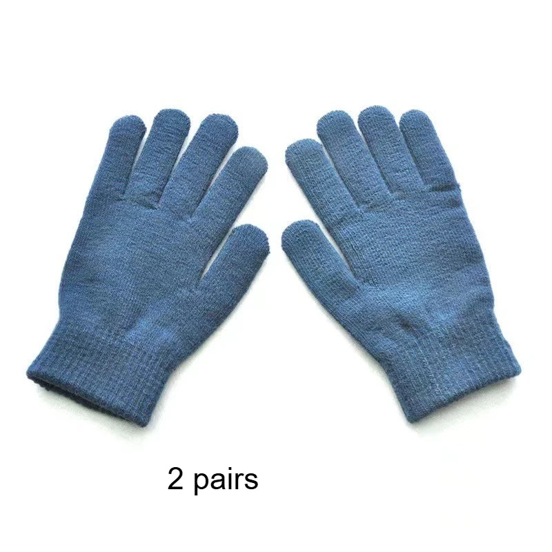 2/5 Pairs Winter Solid Color Knitted Gloves Warm Soft Elastic Cuff Thermal Mittens For Men Women Daily Outdoor Wear Qme Blue 2pairs
