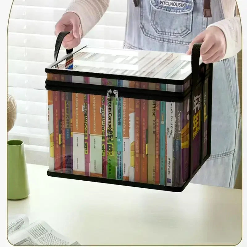 Transparent Plastic Book Storage Box Large Capacity Foldable Space-Saving Organizer For Home Office Storage Bookshelf Container Qme