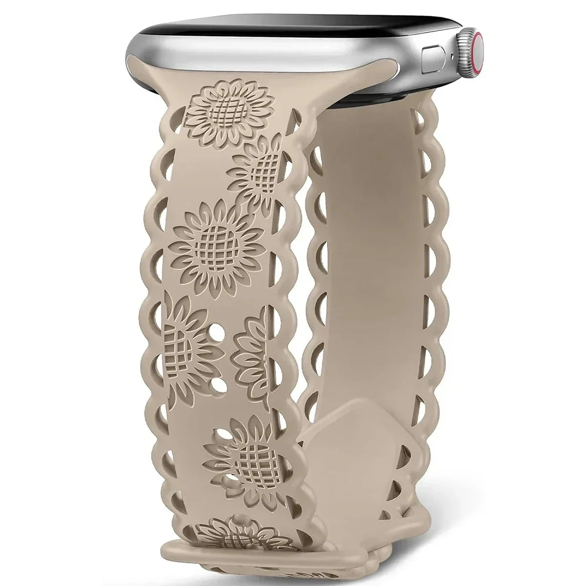 Engraved Floral Strap for Apple Watch Ultra2 49mm 45 44 42 41 40mm 38mm Silicone Band for IWatch Series 9/8/7/6/5/4/3/2/SE Ultra Qme Milk Tea 42mm 44mm 45mm 49mm
