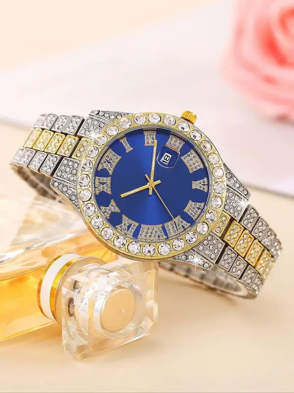 Stainless Steel Watch Set with Roman Numerals, Cuban Link Bracelet & Cross Pendant Necklace, Unisex Casual Quartz Wristwatch Gif Qme