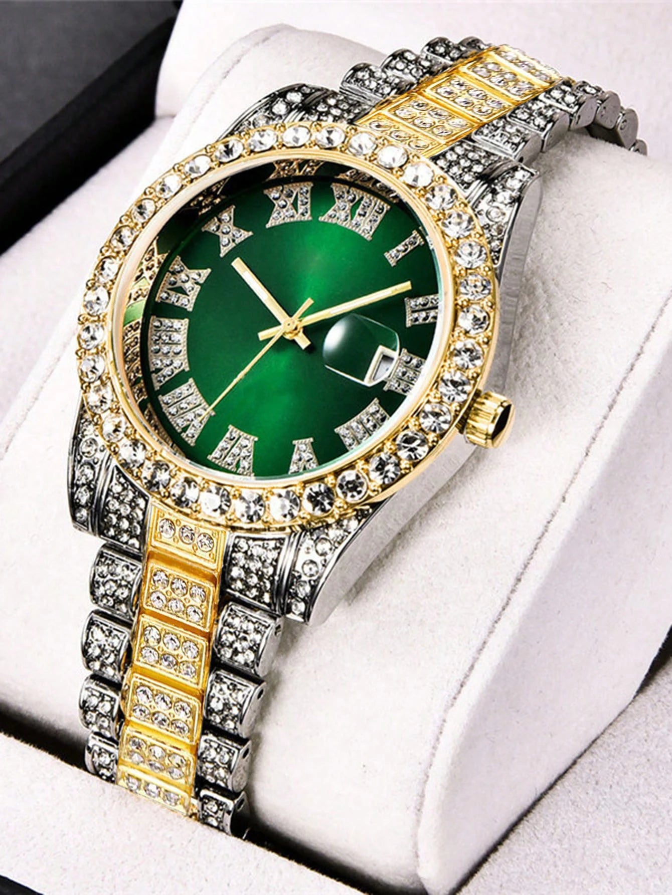 Full Faux Diamond Steel Strap Large Dial Quartz Watch Qme green