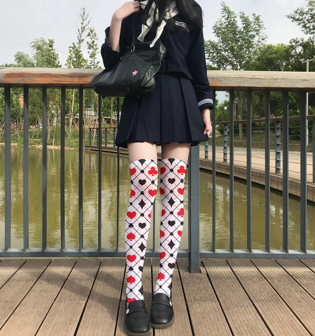 Fashionable Poker Pattern Thigh Stockings Ladies Sexy Love Plaid Qme