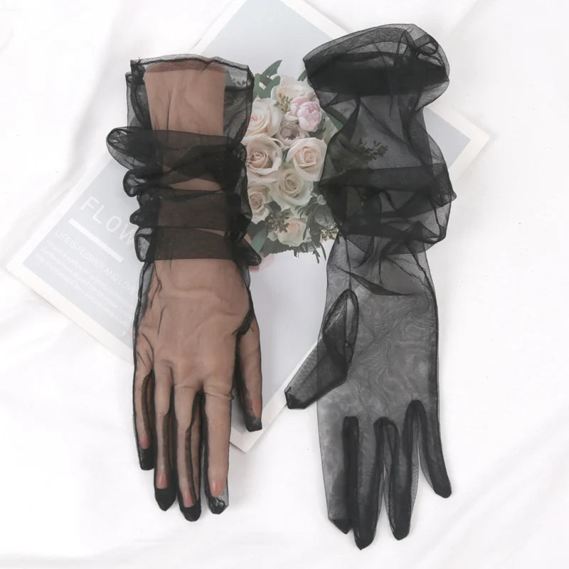 Women Sexy Lace Gloves White Black Mesh Ultra Thin Elastic Lady Qme
