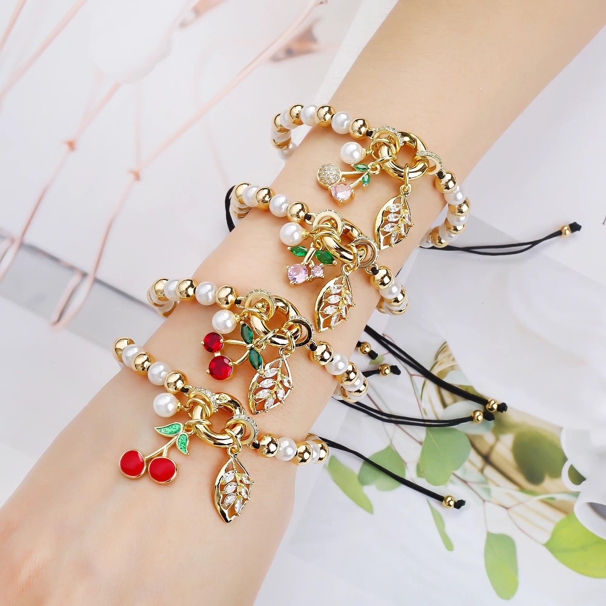 High Quality Pearl Chain Braided Crystal Cherry Adjustable Rope Bracelet Charming For Woman Girl Party Jewelry Gift Daily Wear Qme