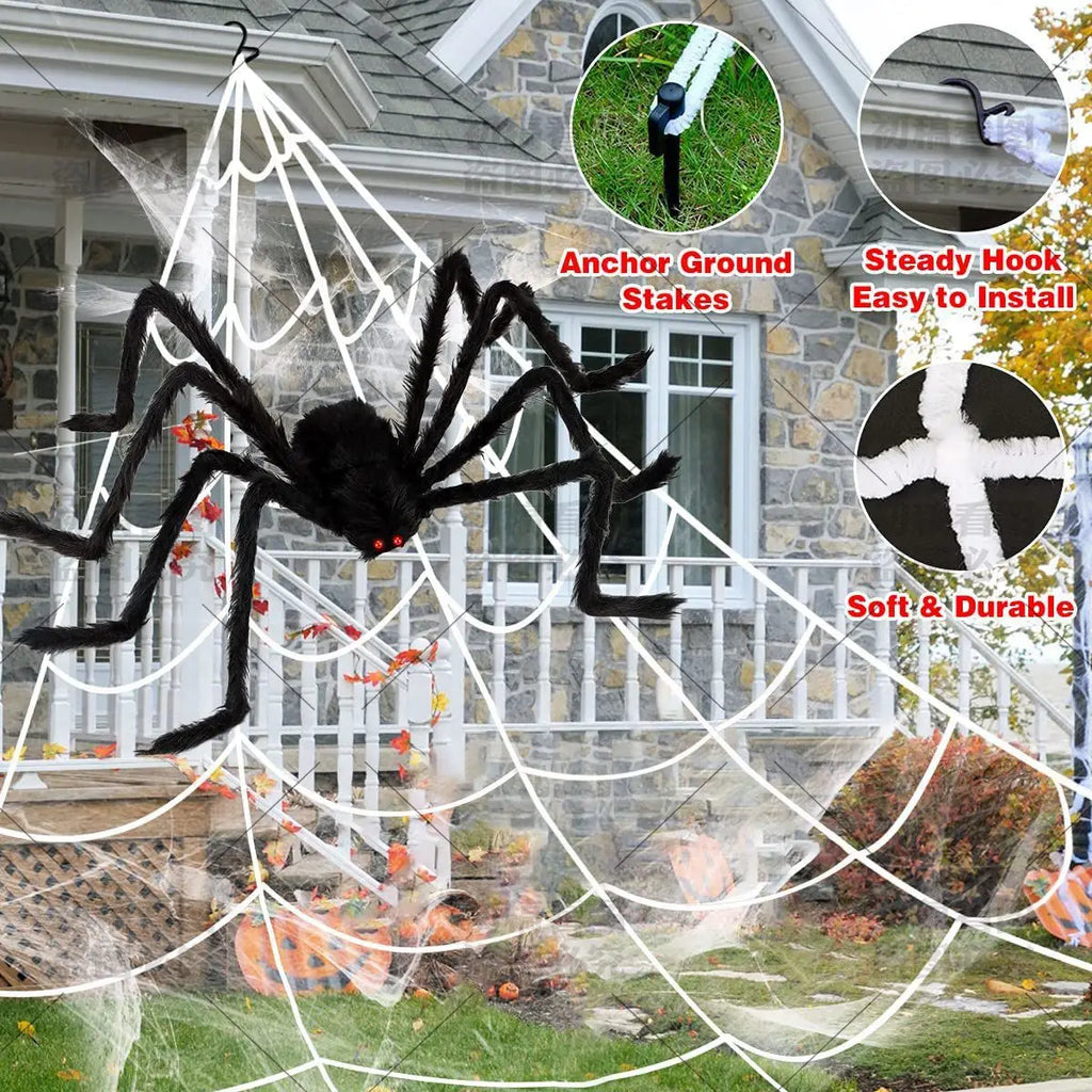 Big Plush Spider Halloween Decoration Scary Lifelike Plush Spider Cobweb Ghost Festival Prop Haunted House Garden Party Decor Qme