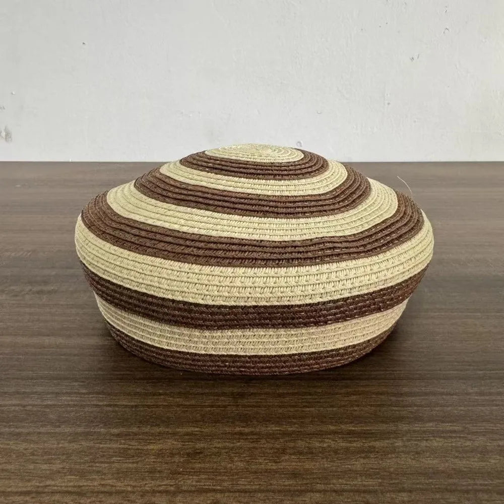 Beach Cap Striped Pattern Straw Top Hat Paper Straw Color Block Dome Cap Wide Brim Lightweight Sun Hat Elegant Ladies Qme