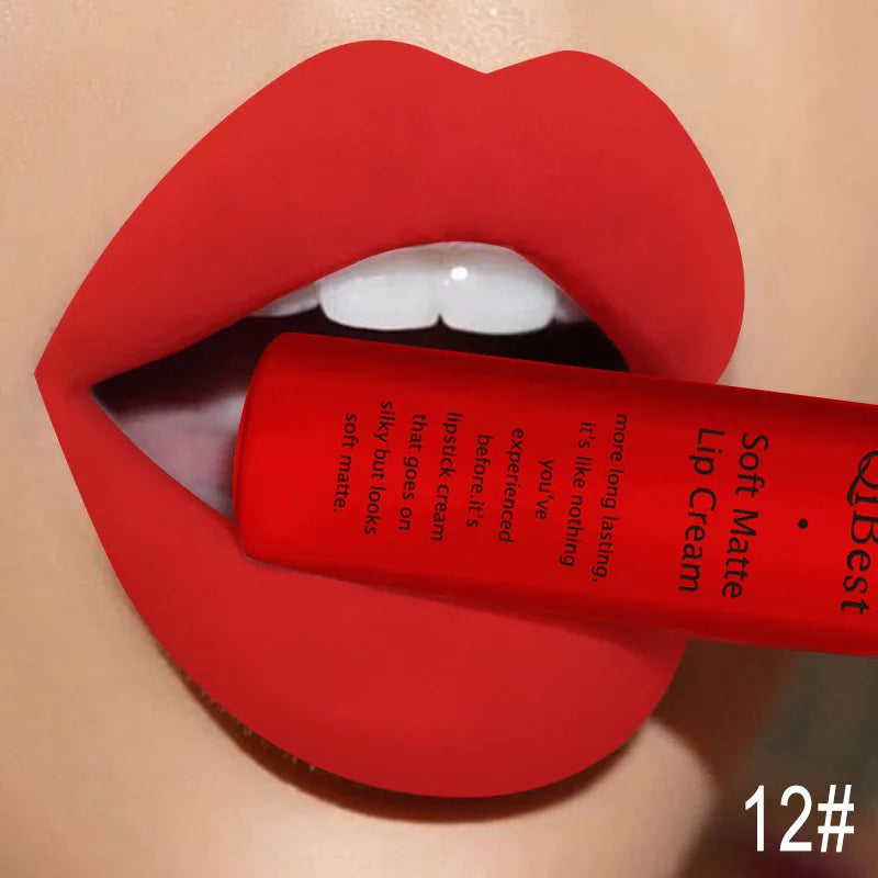 QIBEST Waterproof Matte Nude Liquid Lipstick Pigment Dark Red Black Long Lasting Liquid Lipstick Women Makeup Lipgloss Lip Tint Qme 12