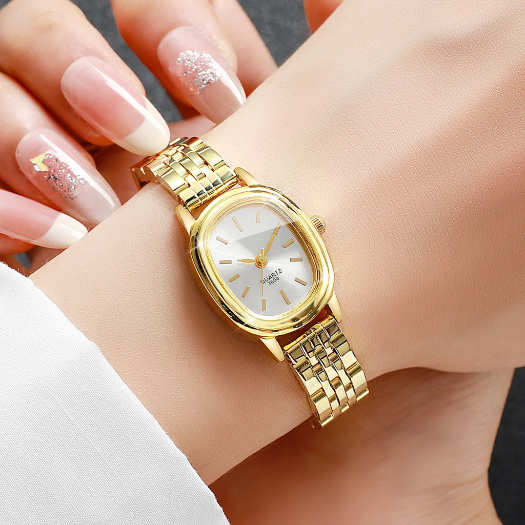 Golden oval thin steel strip women's simple strip scale retro small watch, no gift box included Qme