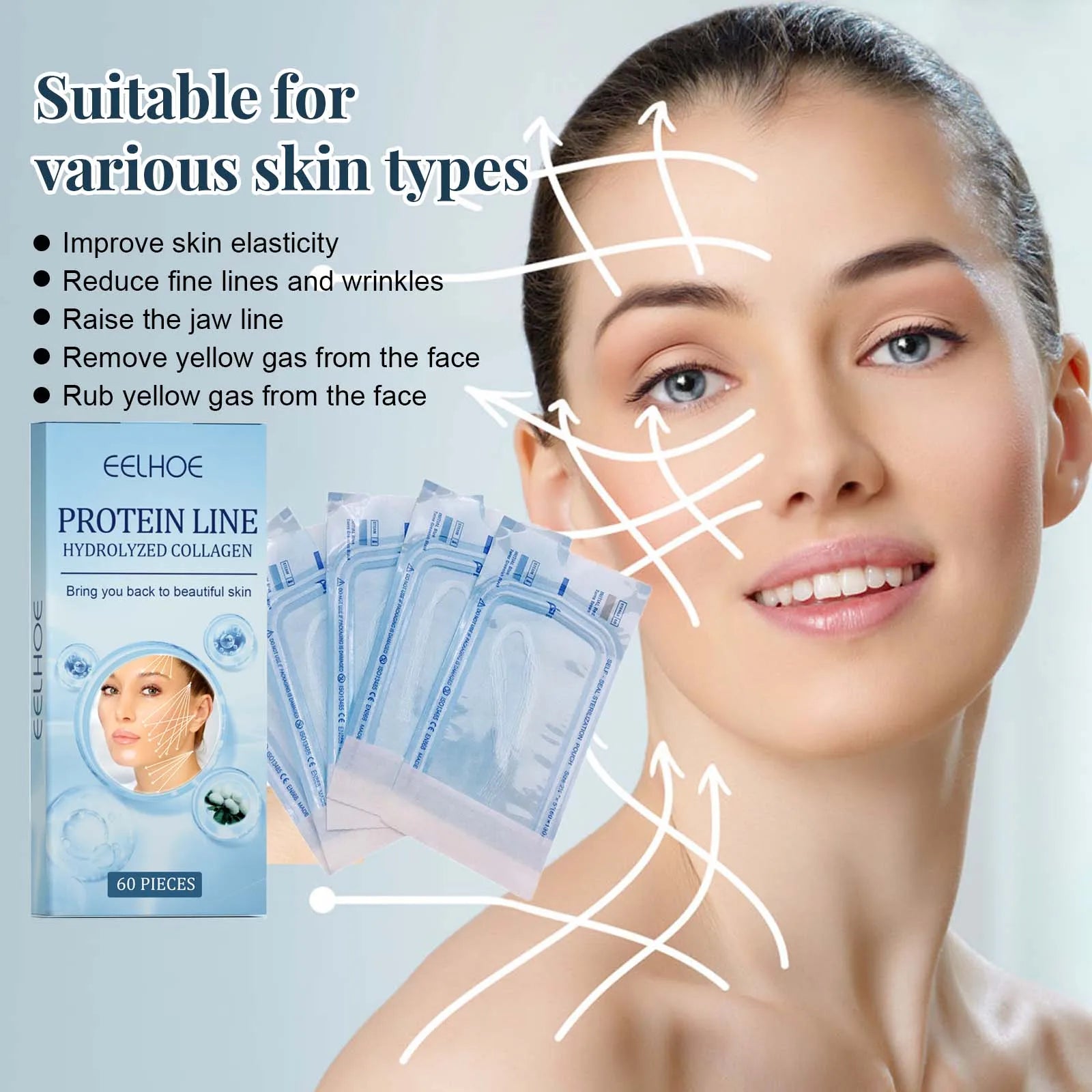 60Pcs Gold Protein Line Fade Wrinkle Firming Facial No Needle Absorbable Smoothing Hydrolyzed Collagen Thread Serum Qme