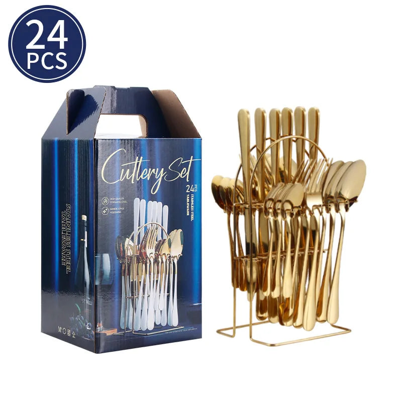 24-Piece Stainless Steel Tableware Set,Western Cutlery Steak Knife Fork Spoon, Gift Box Set for Home Restaurant Wedding Gift Qme C-24Pcs Gold