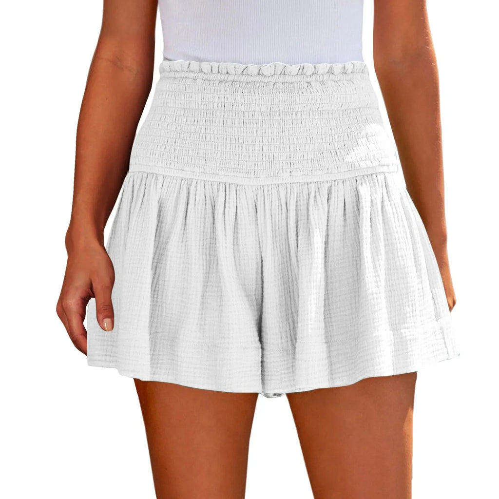 Ladies’ Large Sized High Waist Casual Soft Solid Color Breathable Fashion Wide Leg Shorts Summer Elastic Waist Pleated Trousers Qme White M