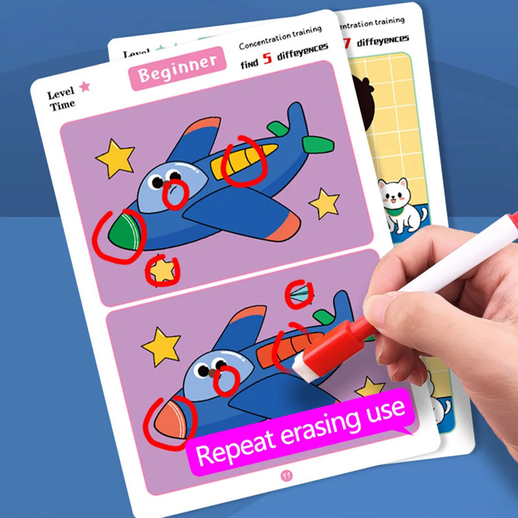 Focus Training Spot the Difference Game Reusable Cards for Training Focus and Concentration,With Erasable Pen,3 modes Qme