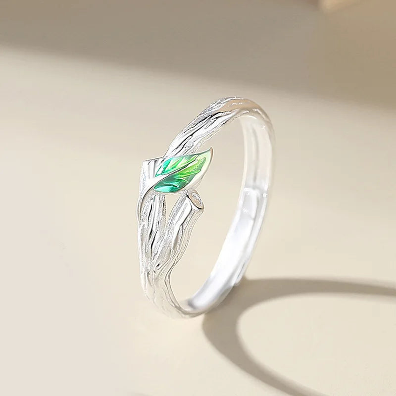 Sweet Simple Green Leaves Young Couple Ring For Women Lover Silver Color Open Resizable Rings Romantic Wedding Jewelry Qme man resizable