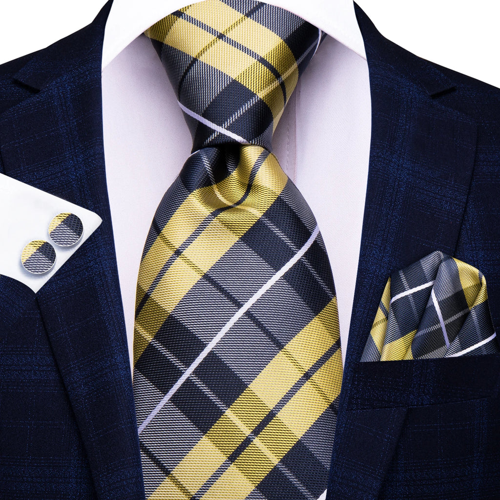 Hi-tie Lemon Yellow Grey Checks Plaids Tie Men Elegant Necktie Pocket Qme