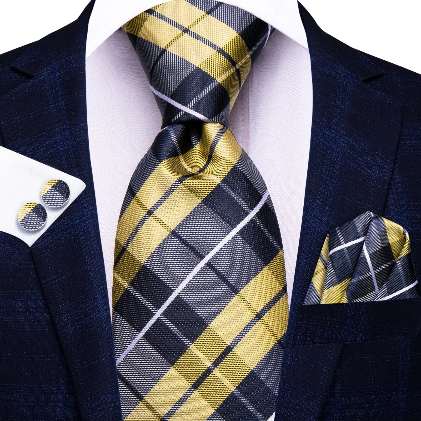 Hi-tie Lemon Yellow Grey Checks Plaids Tie Men Elegant Necktie Pocket Qme