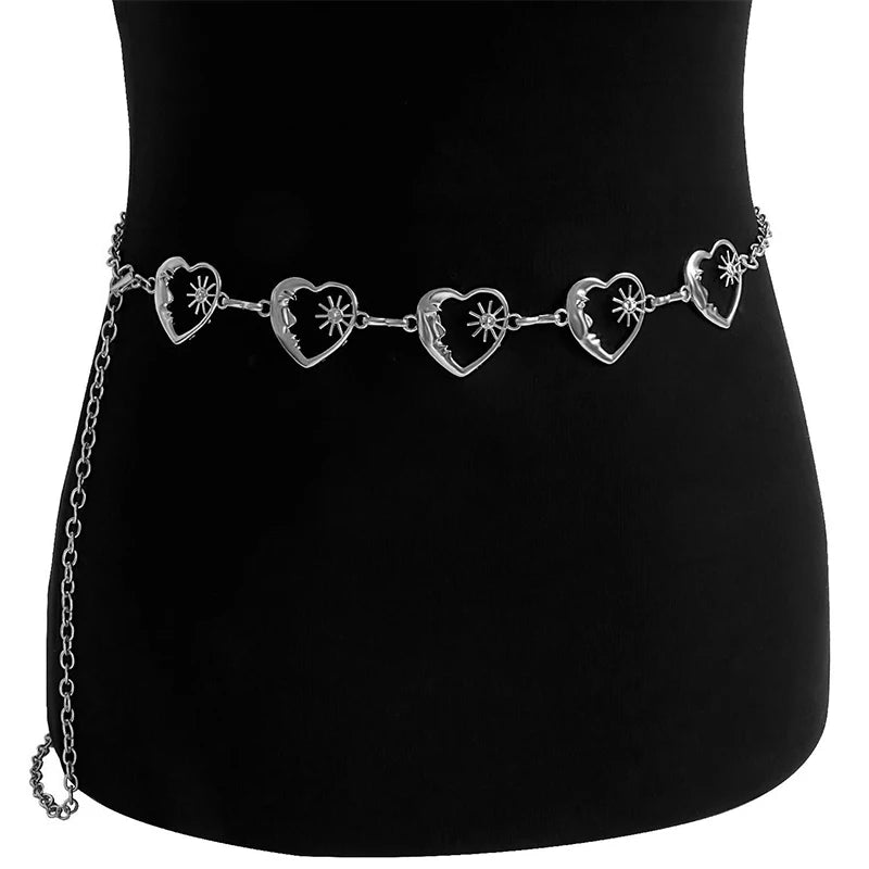 Harajuku Punk Moon Metal Belts Women Vintage Gothic Sun Waist Chain Qme Silver