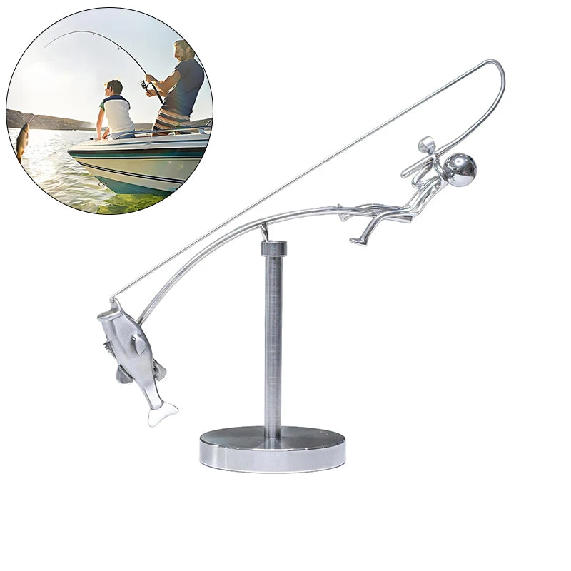 Dynamic Fishing Statue Balanced Artwork Home Harmony Sculpture Qme Default Title