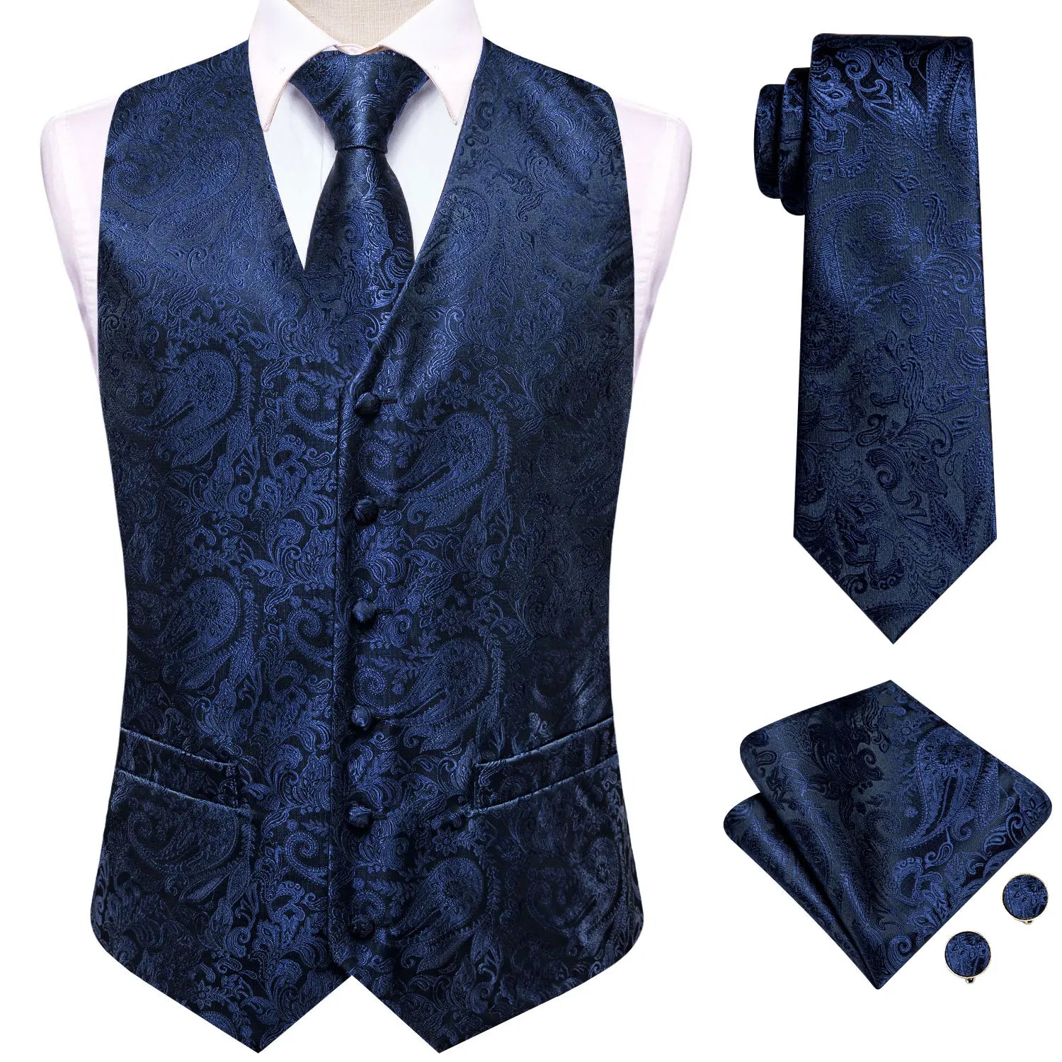 Sage Green Solid Floral Mens Suit Vests Woven Blue Waistcoat Tie