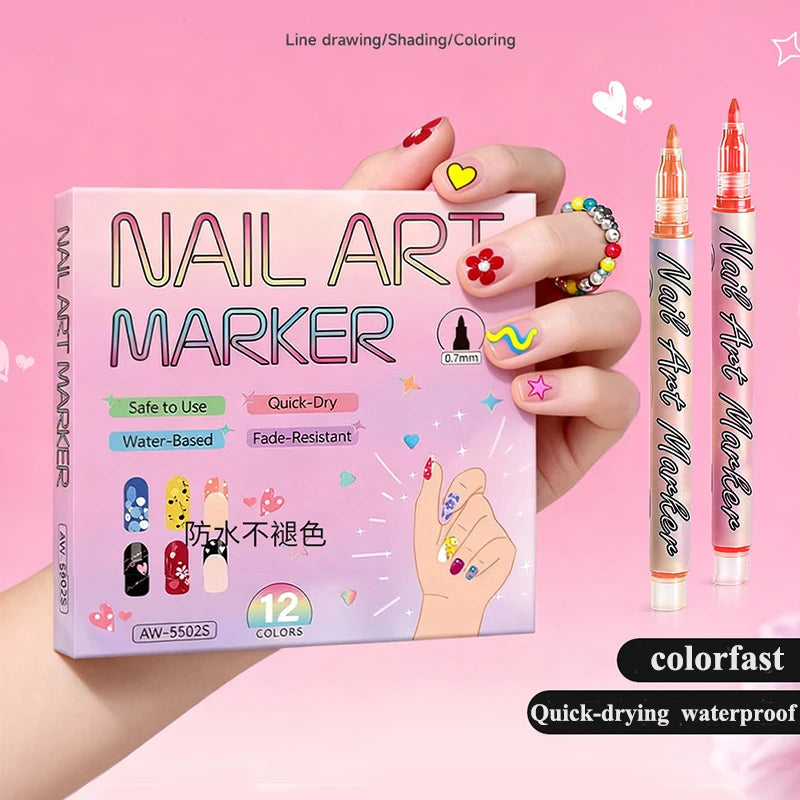 12 Nail Art Pens Waterproof Quick-drying Polish Pen Precision Drawing Qme