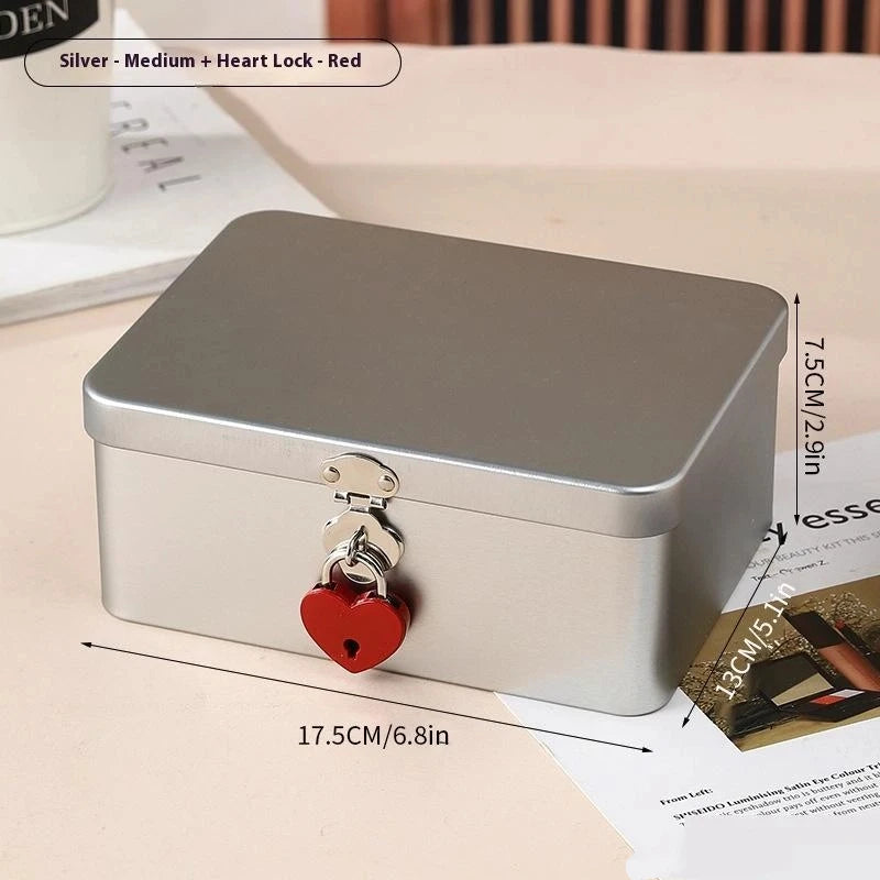 Silver Lockable Tin Storage Box Multifunctional Desktop Metal Jewelry Qme A8