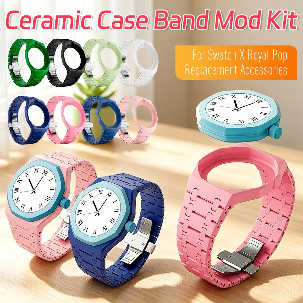 Ceramic Case Mod Kit Compatible with Swatch X AP Royal POP Changer Watch Full Case+Link Bracelet Strap Watch Mod Accessory Qme