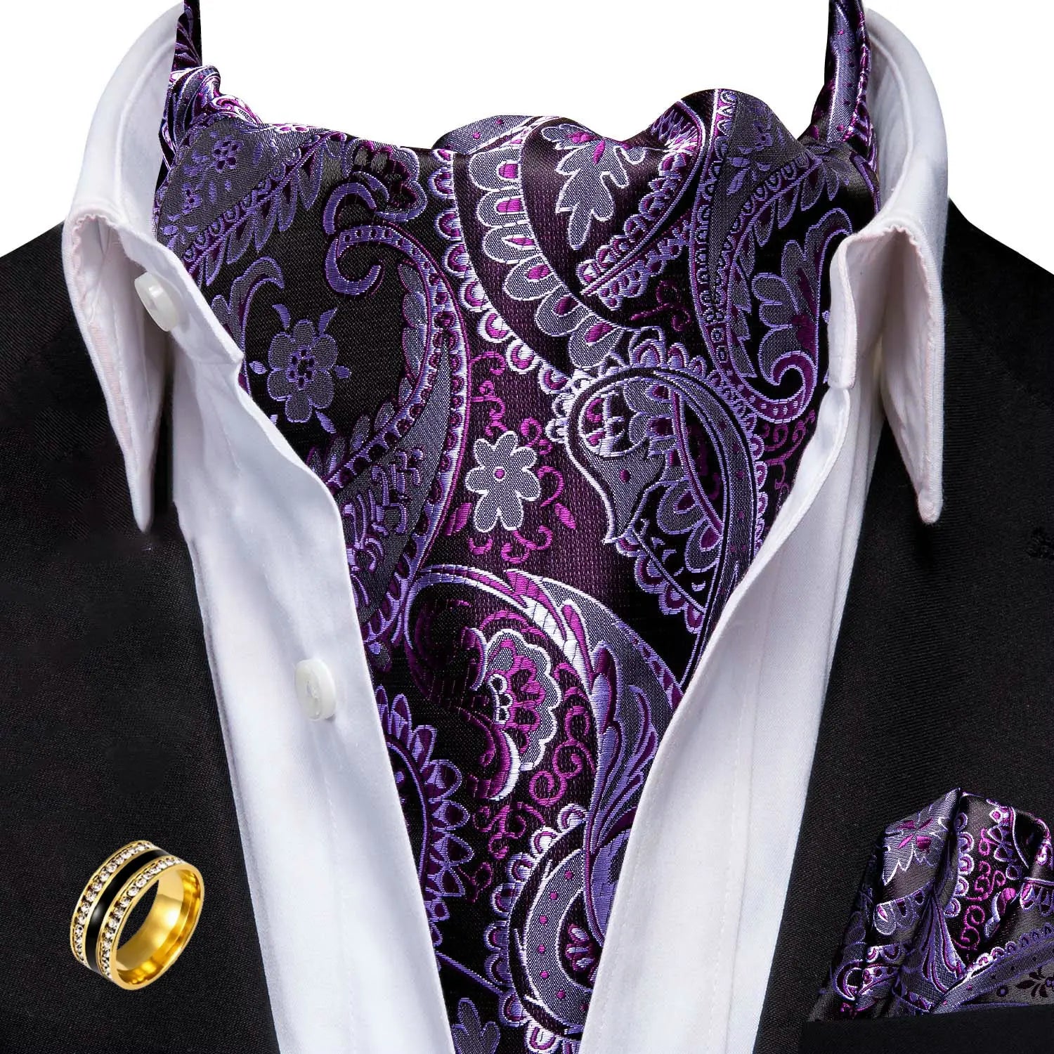 Ascot Tie Set, Classic Cravat with Pocket Square & Decorative Ring, Fashion Men's Neck Accessories Wedding silk Party Daily Wear Qme AS-1059-JZ0020