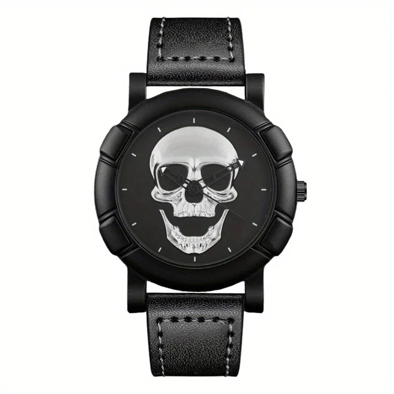 Skull Pattern Multi Display Pointer Round Quartz Watch With PU Leather Strap For Men Qme
