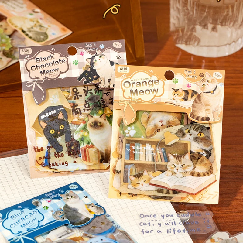 2 Bags Cat Diary Sticker Pack, Journal Scrapbooking Supplies, Cute Healing Aesthetic Multi-Use Stationery Gift Qme