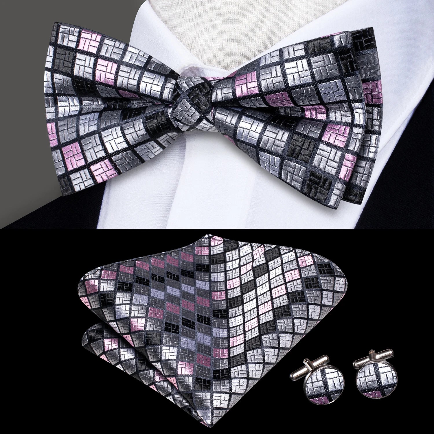 Hi-tie Pre-tied Mens Bowtie Hanky Cufflinks Bow Tie Cravat Male Qme LH-2523