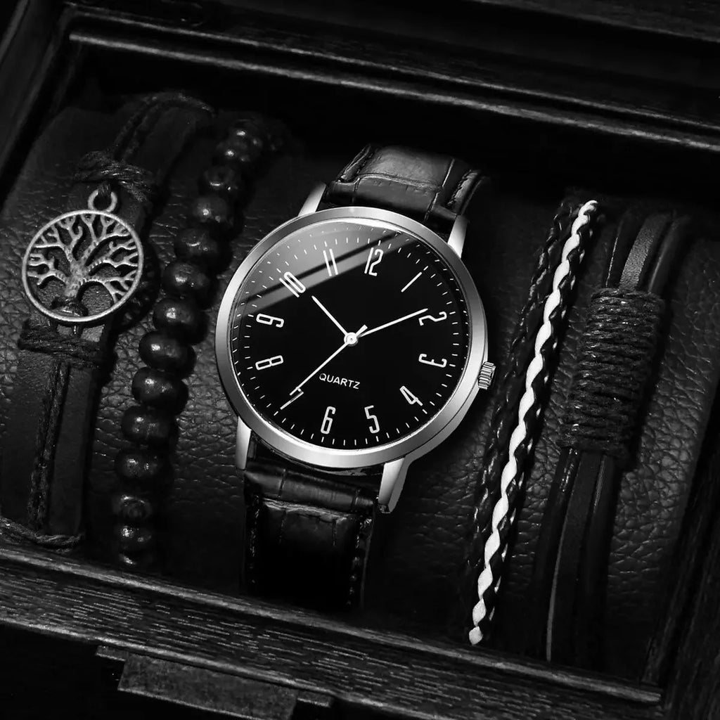 5 pçs/set relógio masculino moda árabe dial pulseira de couro masculino relógios de negócios pulseiras conjunto (sem caixa) Qme black