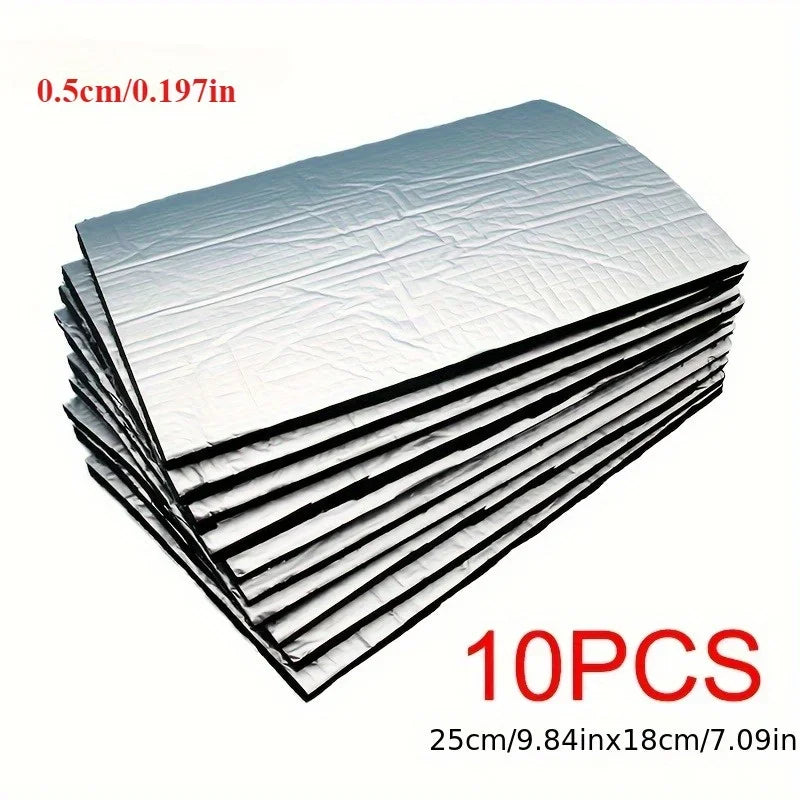 10pcs Heavy Duty Car Sound Deadening Mats, 9.85"x7.09", 5mm Thick – Fireproof Foam with Aluminum Coating for Noise Reduction Qme