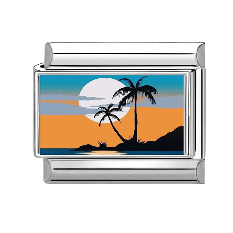 Fashion Colorful Scenery Boat Swan Lake Snow Mountain Charm Italian Link 9mm Bracelets Bangle Stainless Steel DIY Making Jewelry Qme Style 2