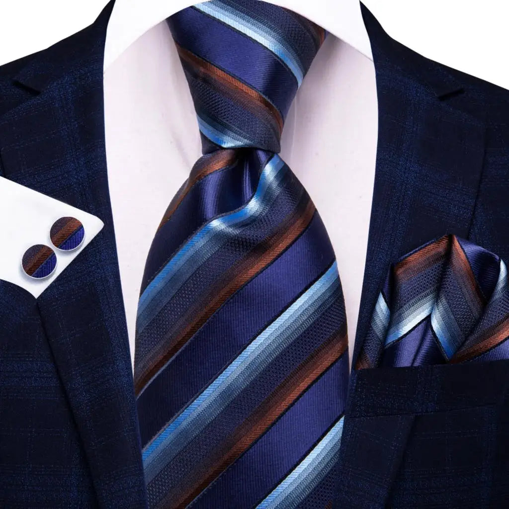 Hi-tie Navy Blue Floral Striped Silk Elegant Tie Men Groom Wedding