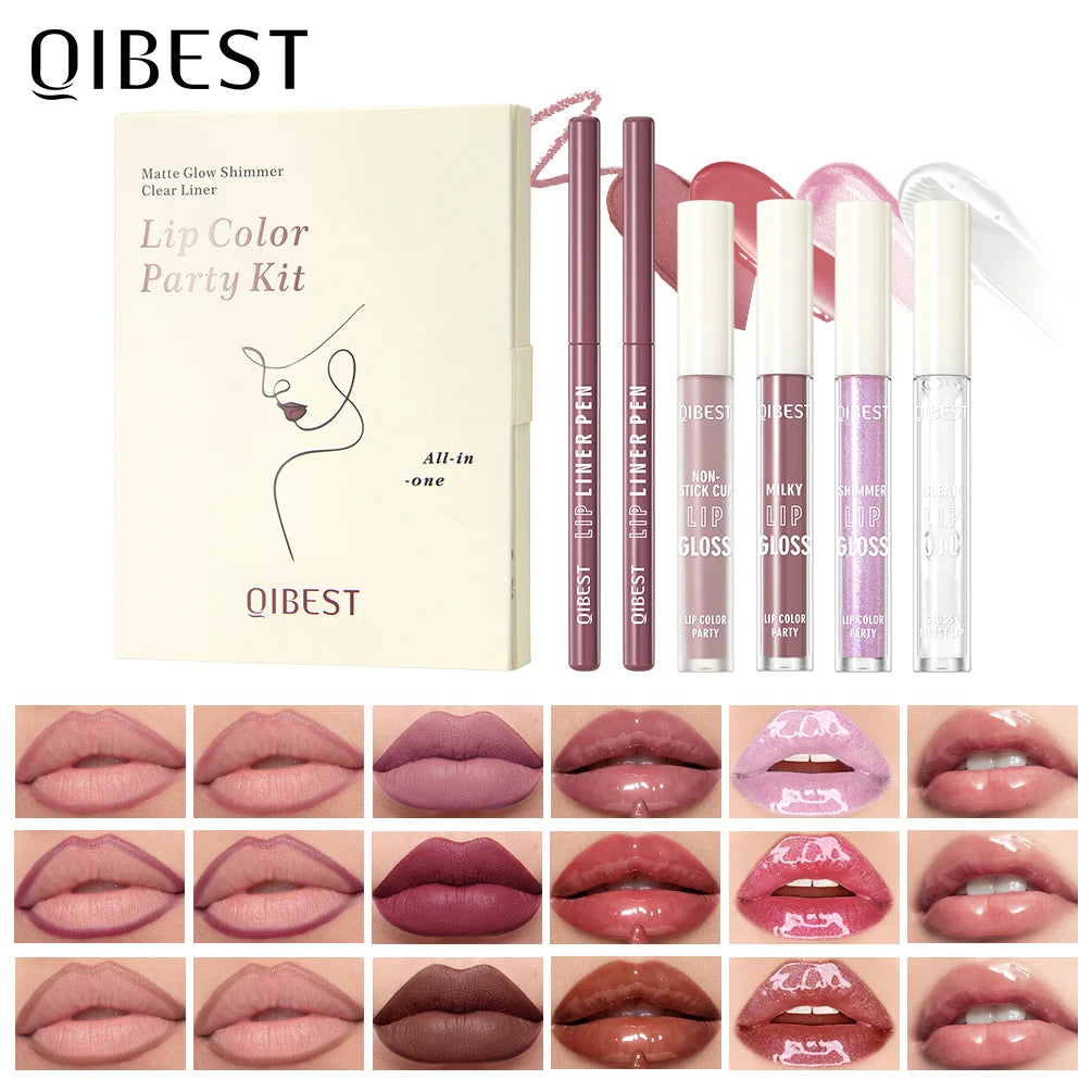 QIBEST Multi-Use Lip Makeup Sets Include 2 Lipliner,1 Liquid Lipstick,2 Mirror Lip Glaze And 1 Lip Oil Cosmetics Lipgloss Tint Qme