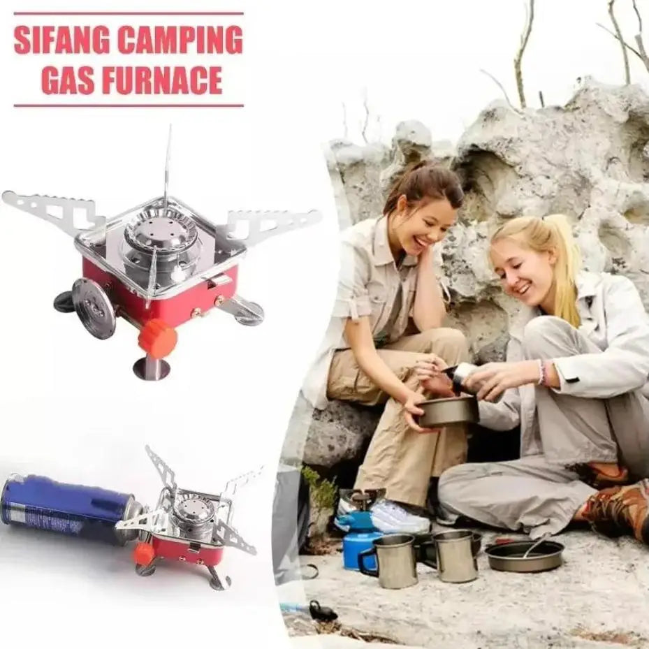 BBQ Gas Furnace Cooking Stove Portable Outdoor Camping Combustor Cooker Cookware Travel Picnic Stainless Steel Foldable Square Qme
