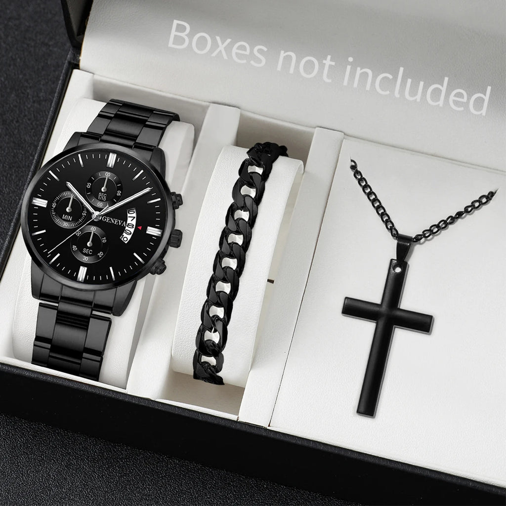 Classic Silver Tone Male Accessory Kit, Analog Chronograph Steel Band Watch with Thick Cuban Link Bracelet Cross Pendant Necklac Qme