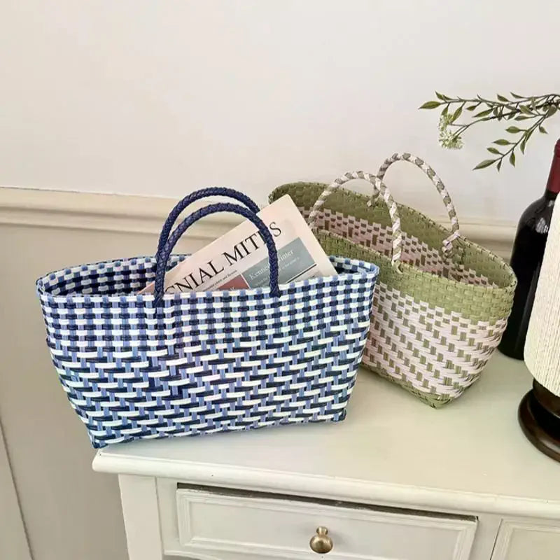 Cute PVC Handbag Weave Bag Large Capacity Bohemian Beach Tote Bag Vacation Style Countryside Holiday Style Vegetable Basket Bag Qme