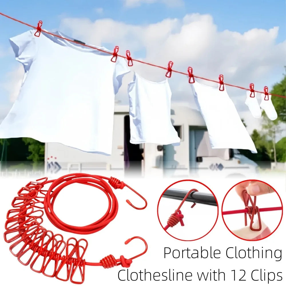 Portable Clothing Clothesline with 12 Clips Retractable Travel Elastic Camping Non-slip Clothesline for Outdoor and Indoor Use Qme