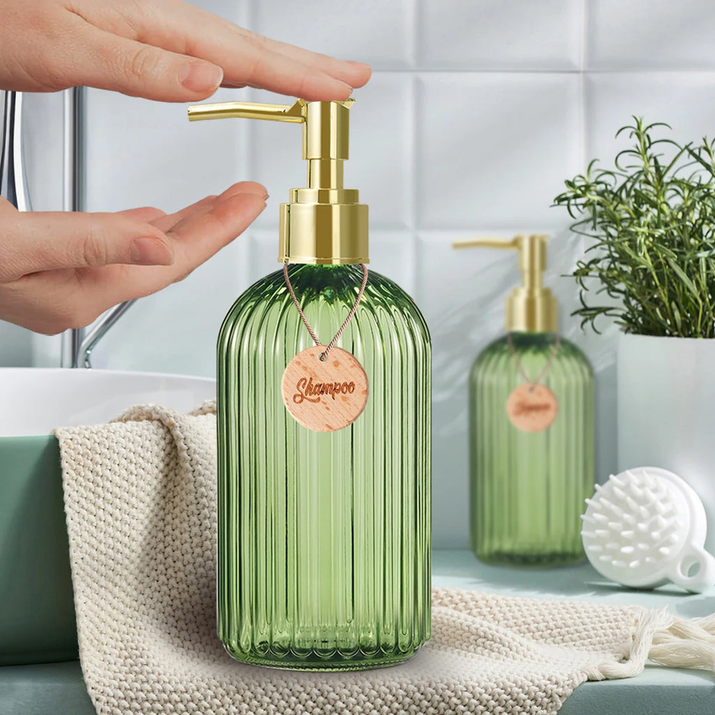 Reusable Shampoo Conditioner Body Wash Bottle Bathroom Shower Soap Dispenser with Wooden Tag Gold Bathroom Accessories Qme