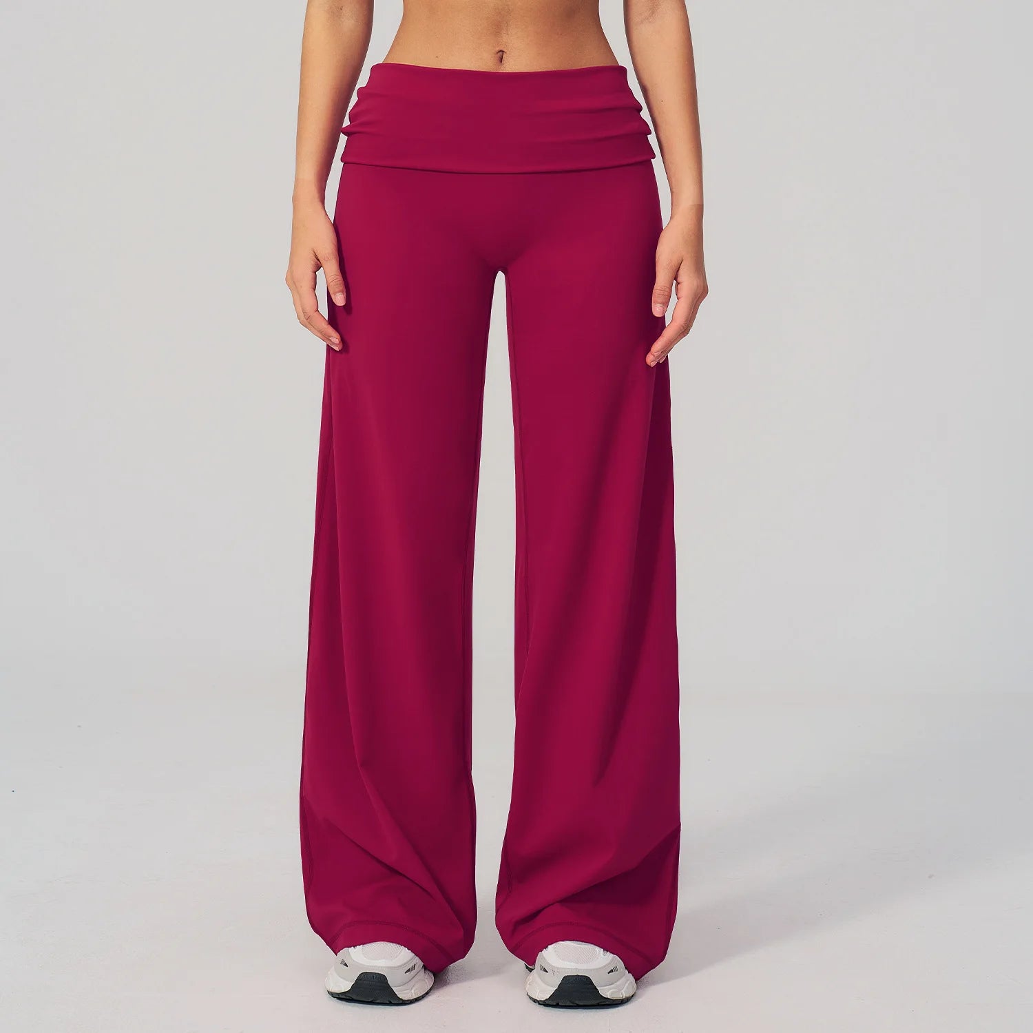 A Gym Pilates Running Workout Pants Women Low Waist Straight Leg Trousers with Fold Waist Nude Feeling Soft Yoga Underwear Qme Raspberry Red XL