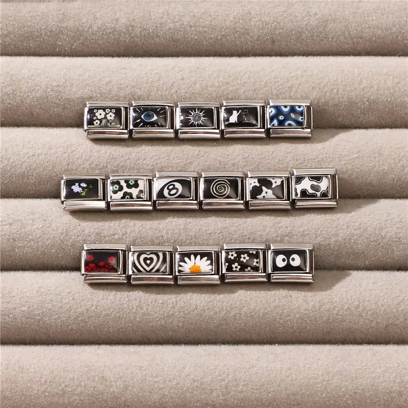 Fashion 2025 Cute White Cat Flowers Daisy Eyes Italian Links Charm Fit 9mm Stainless Steel Gift Modular Bracelet Jewelry Making Qme