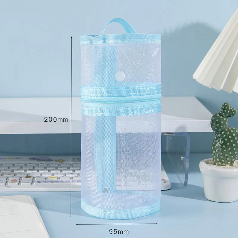 Mesh Dual-use Makeup Brush Storage Bag Portable Stand-up Pouch Large Qme Blue