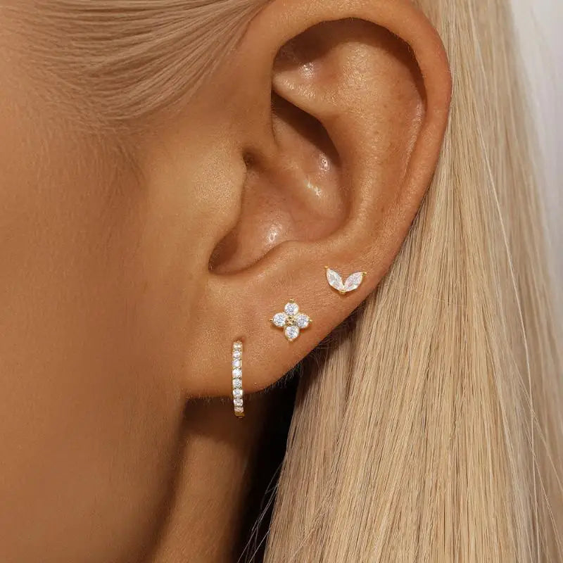 3PCS Fashion Cute Zircon Flower Ear Stud For Women Fashion 18K Gold Plated Star Ear Stud Earring Piercing Girl Set Jewelry Gift Qme