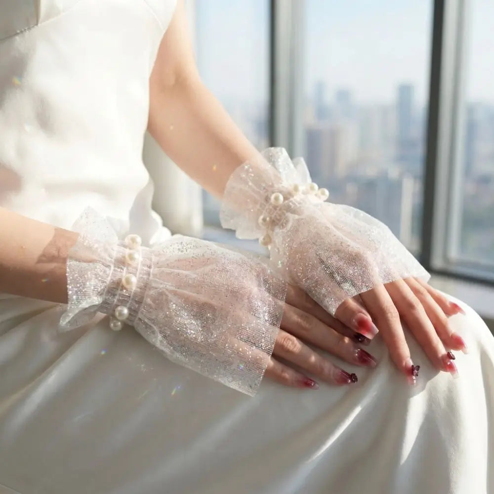 Short Length Wrist Fake Sleeves Tulle Sequin Nail Art Background Qme
