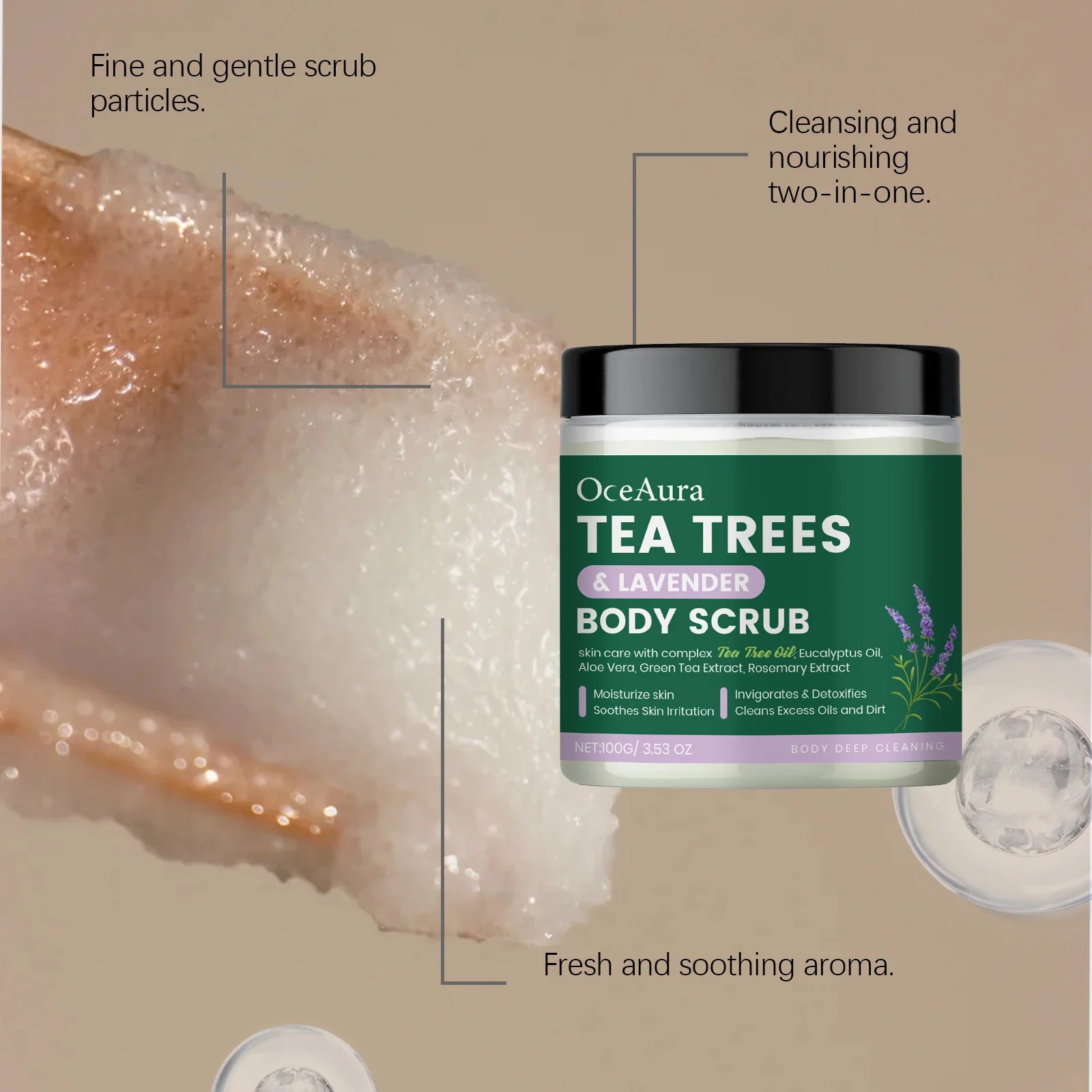 OceAura Tea Trees Lavender Body Scrub Gentle Skin Deep Cleansing Exfoliating Soothing Moisturizing Detoxifying Body Care Scrub Qme